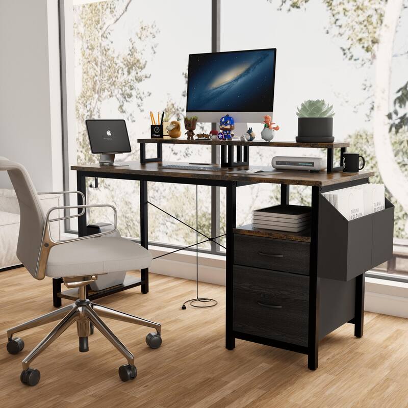 47" Office Desk with 2 Monitor Stands and Fabric File Cabinet, Writing Gaming Table with Shelves and Hooks for Home Office
