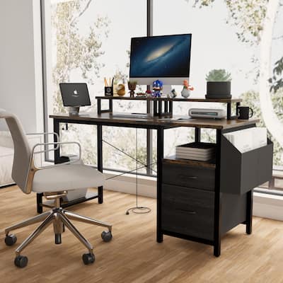 Modern Computer Office Desk with Charging Station and Dual Monitor Stands for Home Office and Gaming or Study Use
