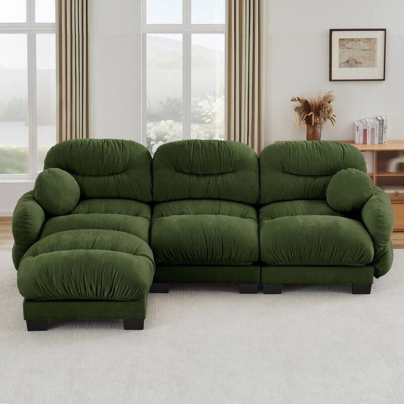 116" Chenille Pleated Design Sectional Sofa with Ottoman and 2 Round Pillows
