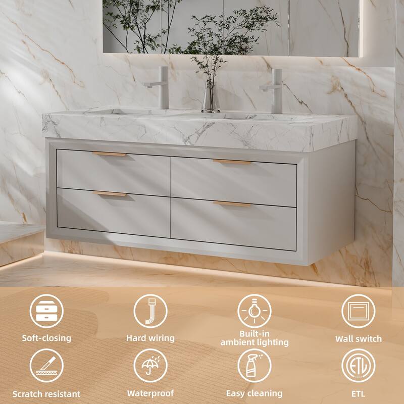 Modland 48" Floating Double Sink Bathroom Vanity with White Stone Countertop, Soft-Close Drawers, LED Lighting