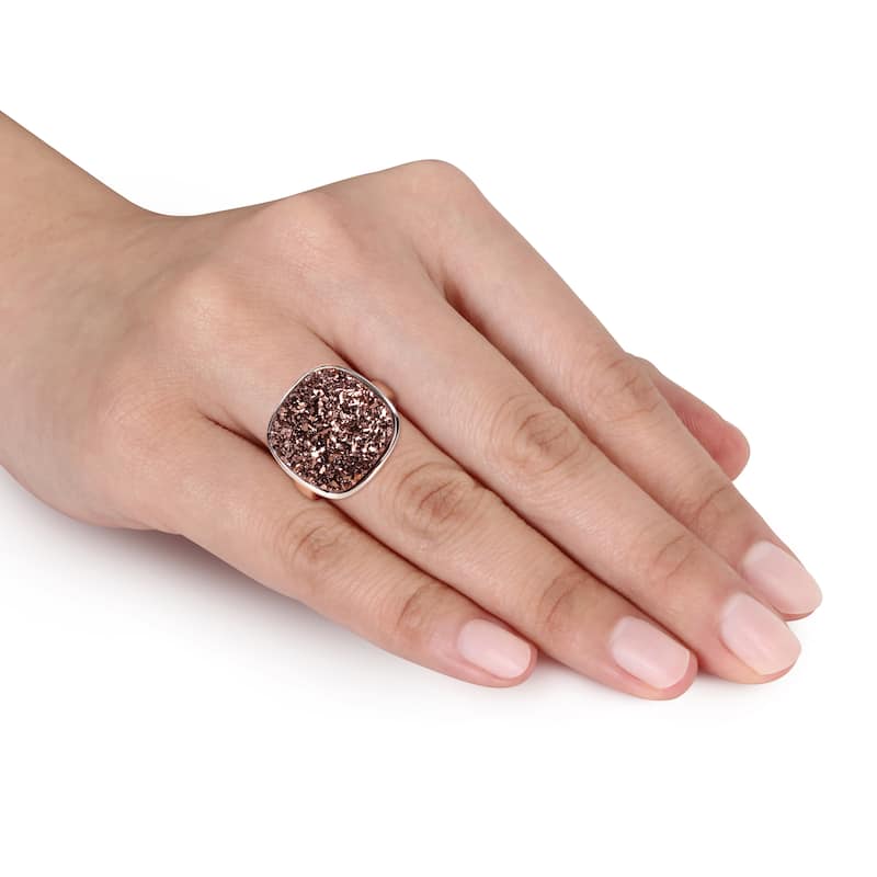 Miadora 3 1/2ct TGW Cushion Shape Coffee Druzy Gemstone Cocktail Ring in Rose Plated Sterling Silver