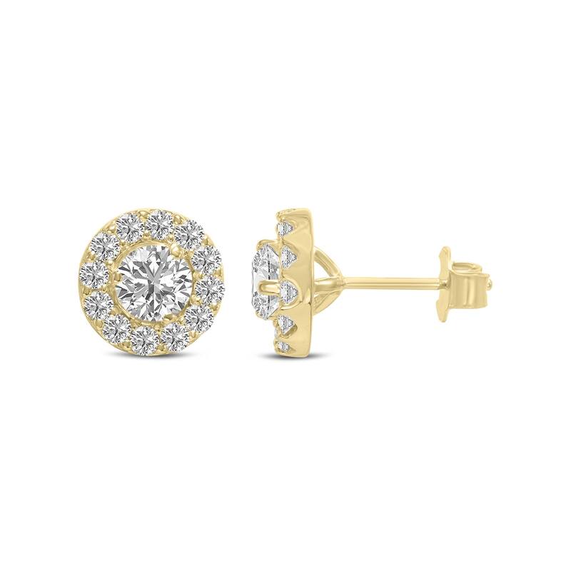 Marquee 1 Carat TW Round Cut Lab Grown Diamond Halo Earrings in 14K Yellow Gold
