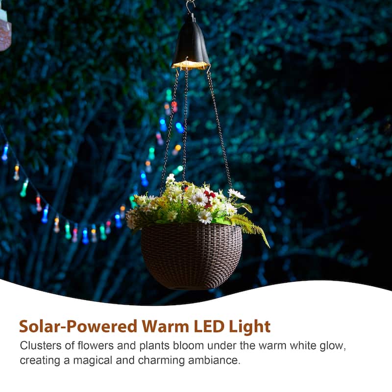 Glitzhome 30"H Solar Lighted Plastic Hanging Planter Basket