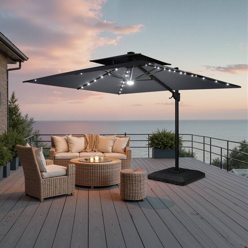 9 x 11 FT Outdoor LED Lighted Patio Cantilever Umbrella with 4-Piece Fillable Weighted Base - Dark Grey