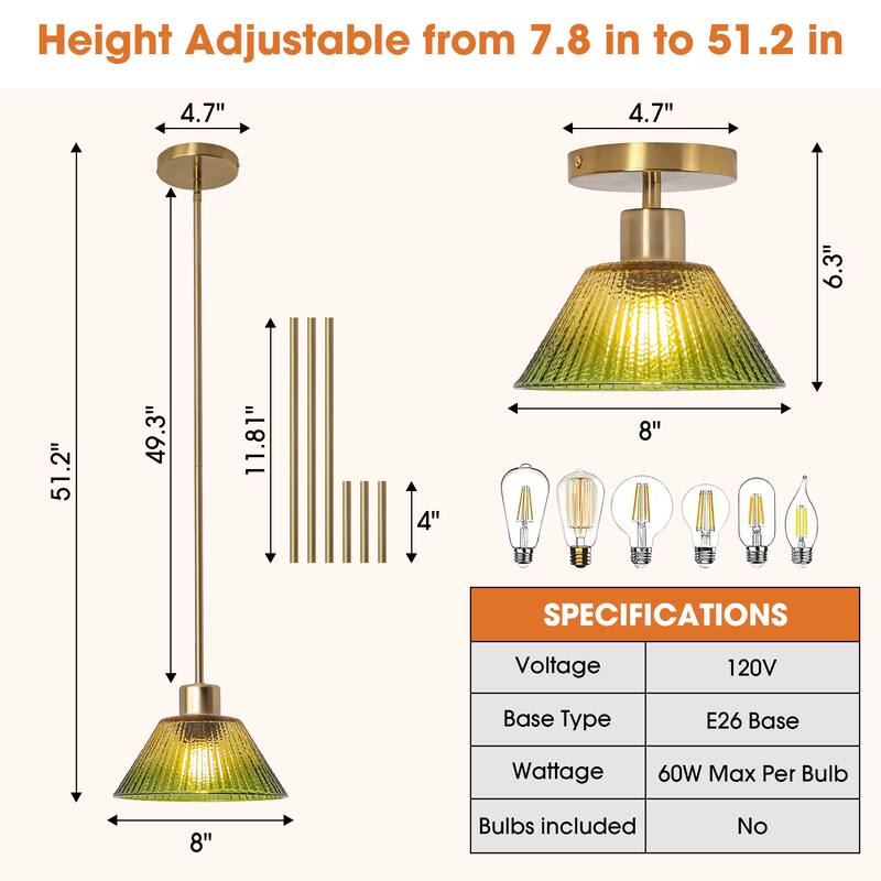8" Wide Vintage Gold 1-light Green Glass Pendant Light
