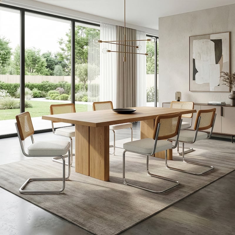 Set of 2 Aziel White Boucle Dining Chair with Rattan Backrest and Chrome Legs