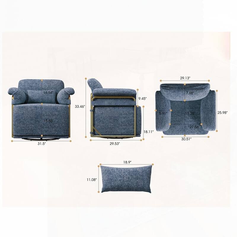 360 Degree Barrel Swivel Fluffy Fabric Lounge Wide Upholstered Reading Chair with Gold Metal Legs