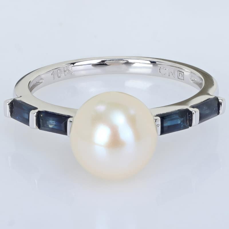 Miadora 8mm Cultured Freshwater Pearl 3/4ct TGW Baguette Sapphire Ring 10k White Gold
