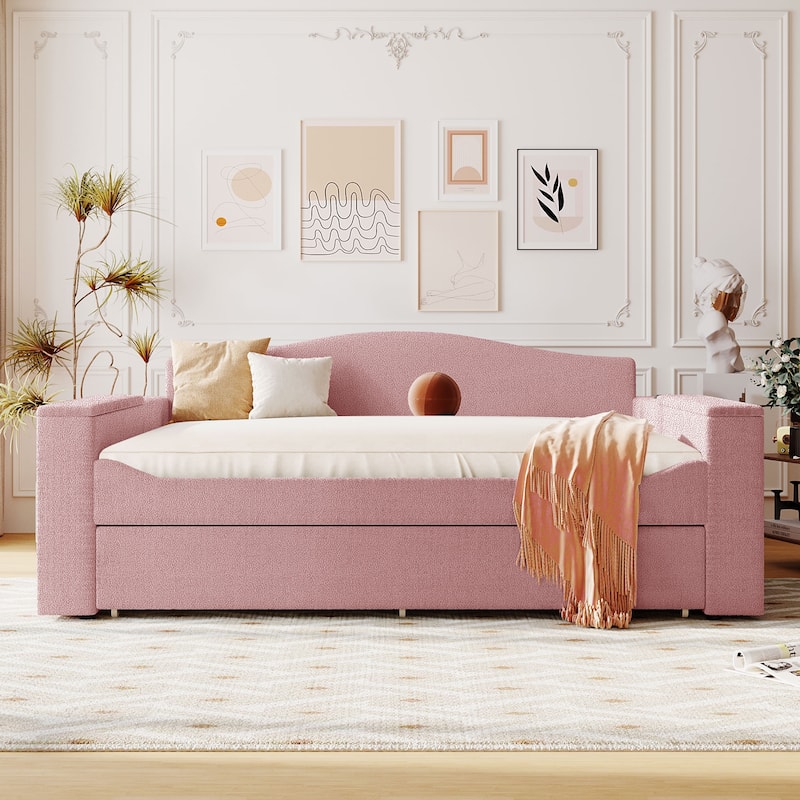 Full Size Upholstered Daybed with Storage Armrests, Trundle and Latest Integrated Bluetooth Audio System - Pink