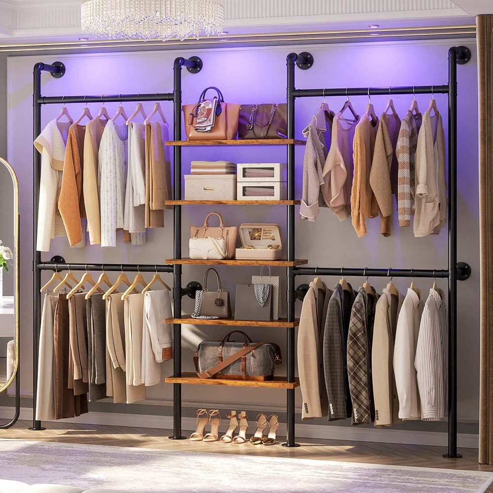 77'' Industrial Pipe Clothing Rack with 5-Tier Shelves, Reversible Closet Organizer System Garment Racks for Hanging Clothes