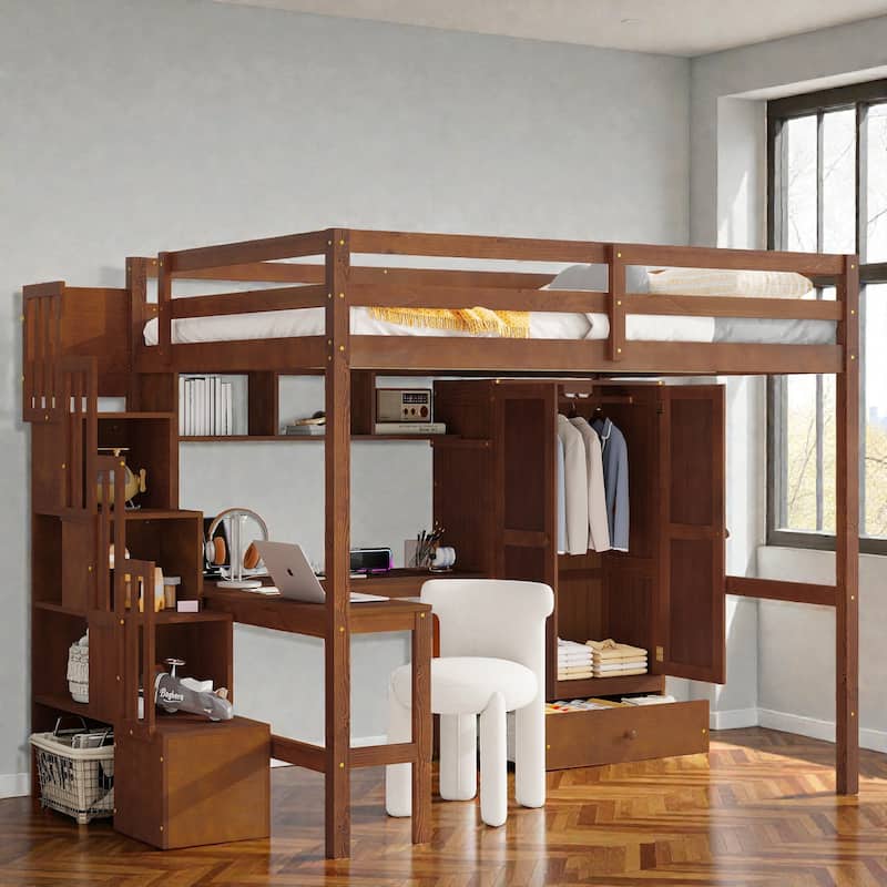 Full Size Wood Loft Bed with Desk, Wardrobe and Storage Staircase, USB Charging Station, Safety Guardrails