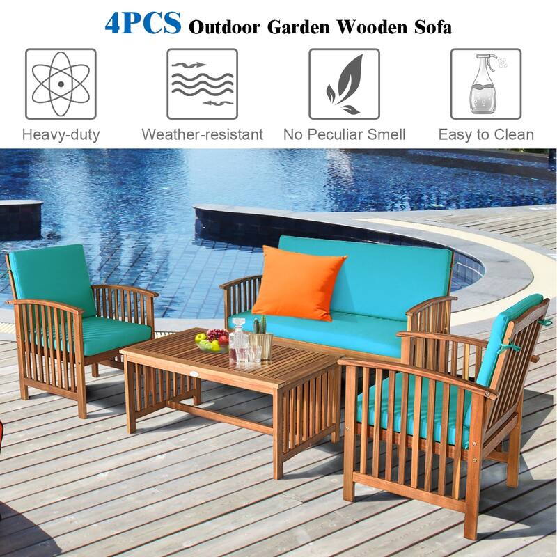 Costway 4PCS Patio Solid Wood Furniture Set Conversation Coffee Table - 4-Piece Sets