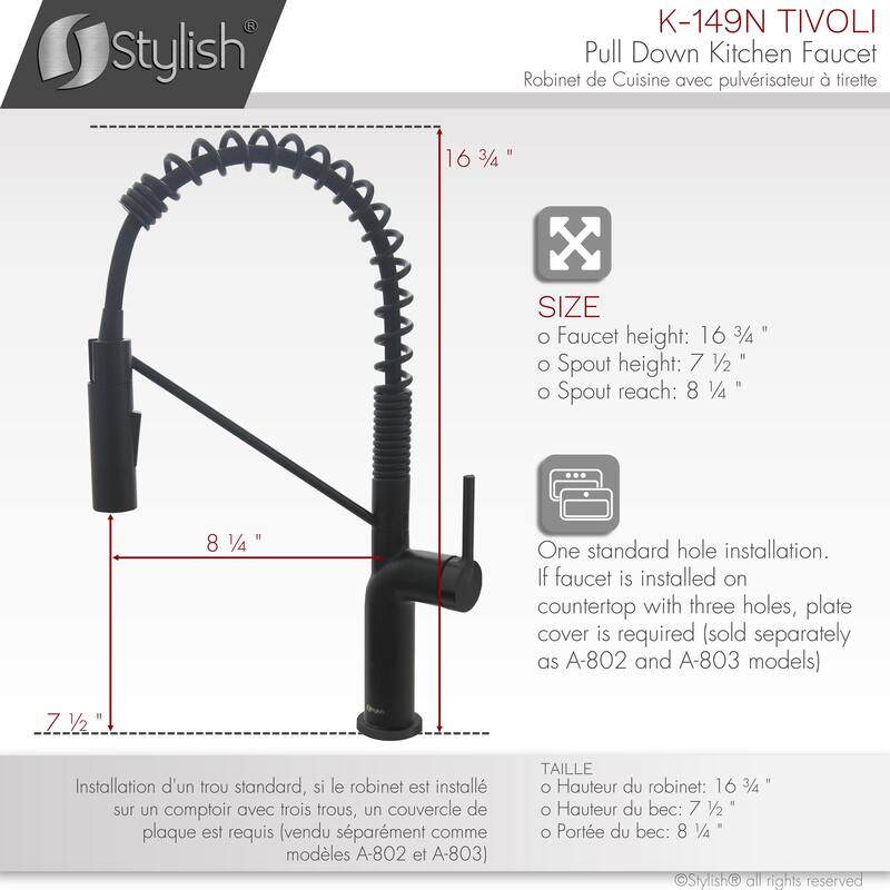 STYLISH Stainless Steel Single Handle Pull Down Sprayer Kitchen Faucet - Faucet Height: 16 3/4" | Spout Height: 7 1/2"