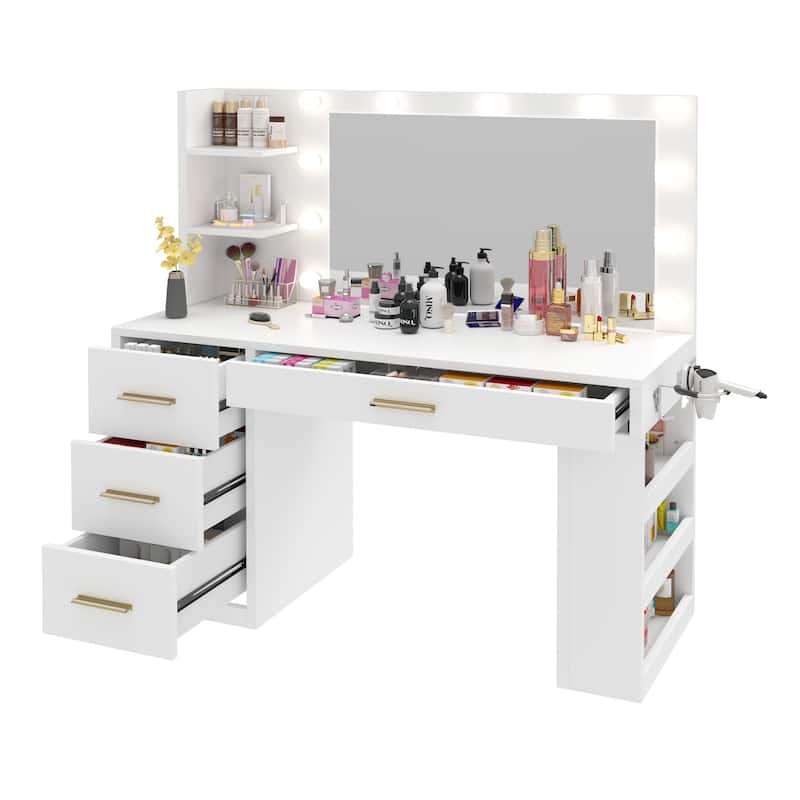 Moasis 40" Makeup Vanity with Mirror and Lighted ,Vanity Table with Power Outlet and 4 Drawers & Storage Shelves