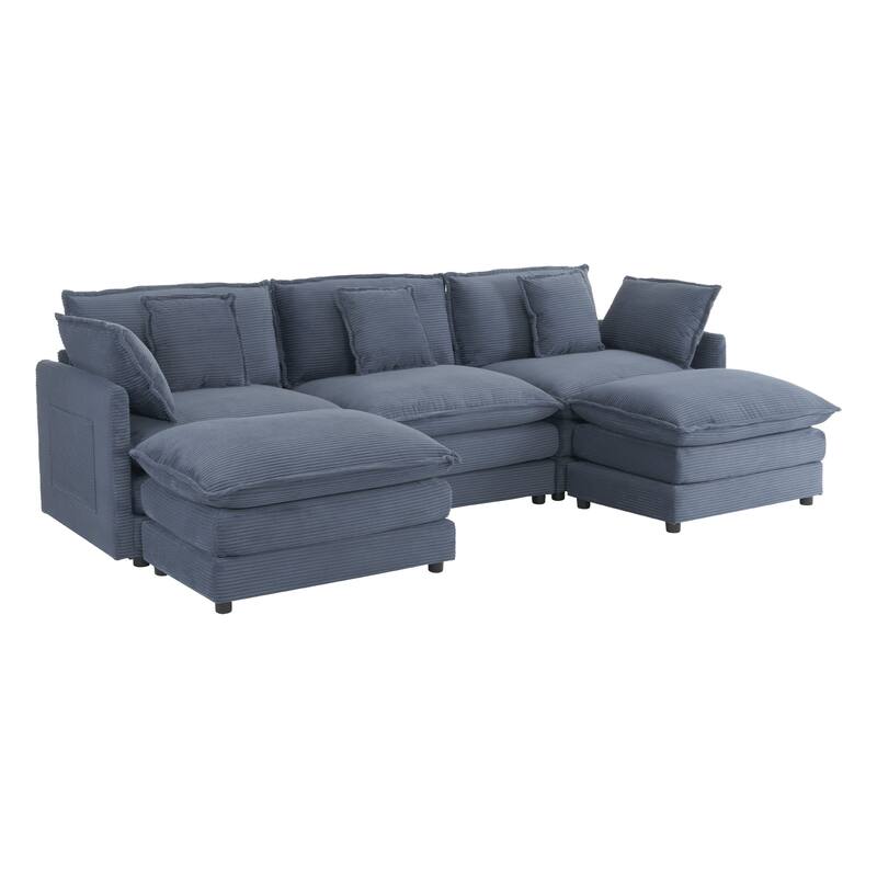 112.6" Corduroy Modular Sectional Sofa with Ottoman and Storage Pockets