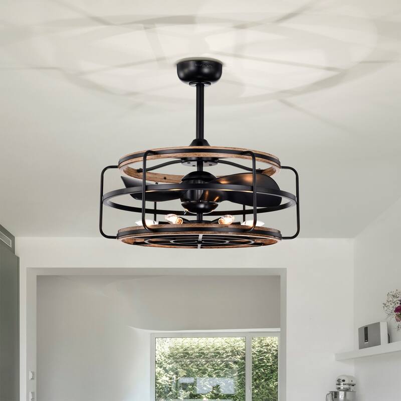 Amable 26 Inch Farmhouse and Industrial Style Matte Black Finish Lighted Ceiling Fandelier with Remote