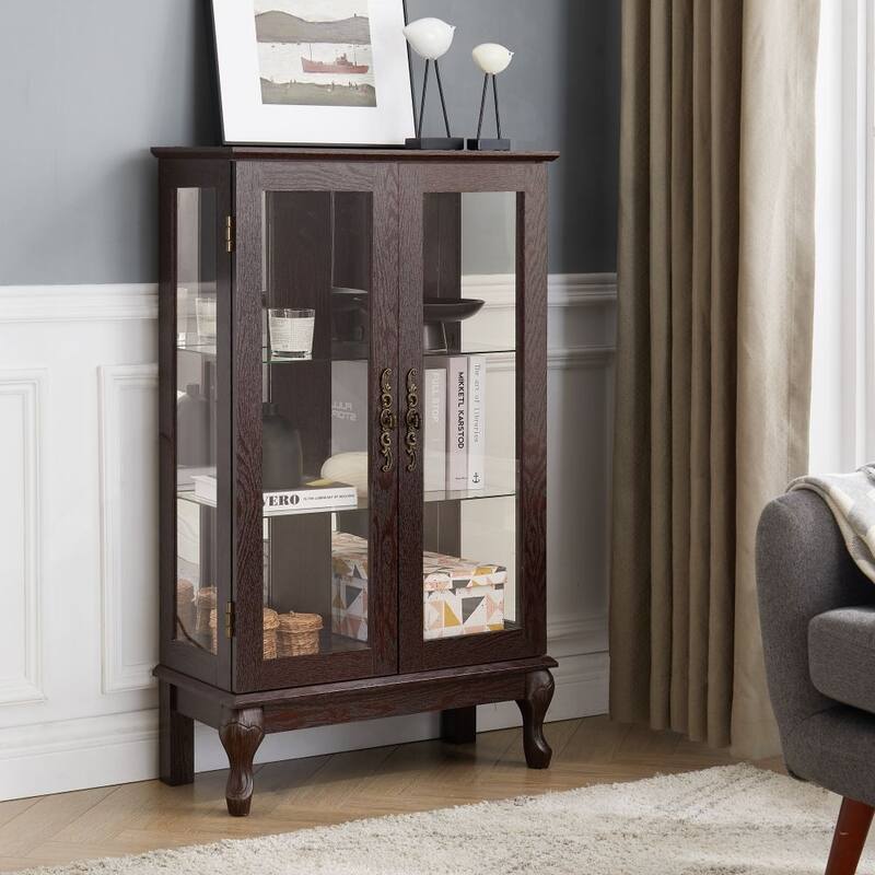 Vintage Lighted Display Cabinet with 2 Tempered Glass Doors and Adjustable Shelves