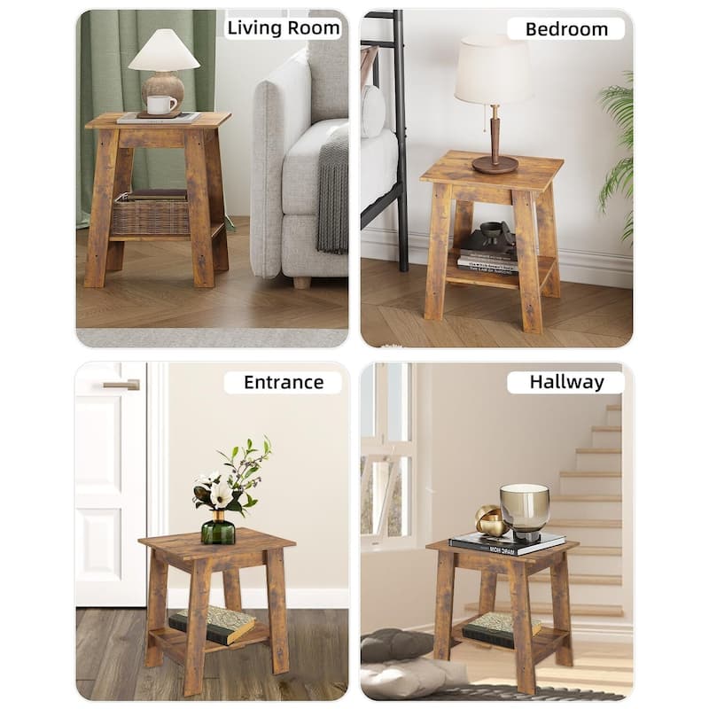 , Rustic Side Table with Storage Shelf, Small Center Table
