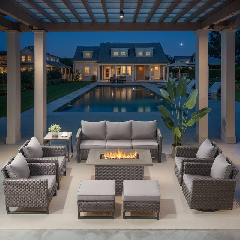 Outdoor Sofa 4 Chairs Ottomans with Fire Table - Brown - Grey