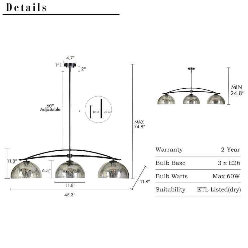 Modern 1/3-Light Black Chandelier with Mercury Glass Kitchen Island Light Fixture for Dining Room