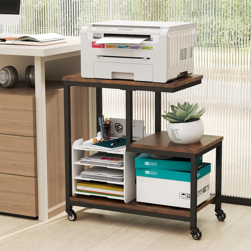 3-Tier G-Shaped Wooden Side End Table with Wheels and Storage for Living Room or Office Use - 23" x 12" x 24"