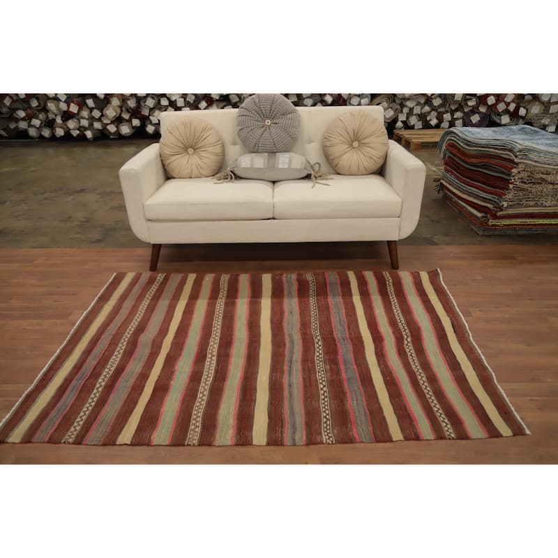 Hand Woven Oriental 100% Wool Carpet Southwestern Tribal Oranges & Rust Kilim Area Rug - 6' 1'' X 4' 4''