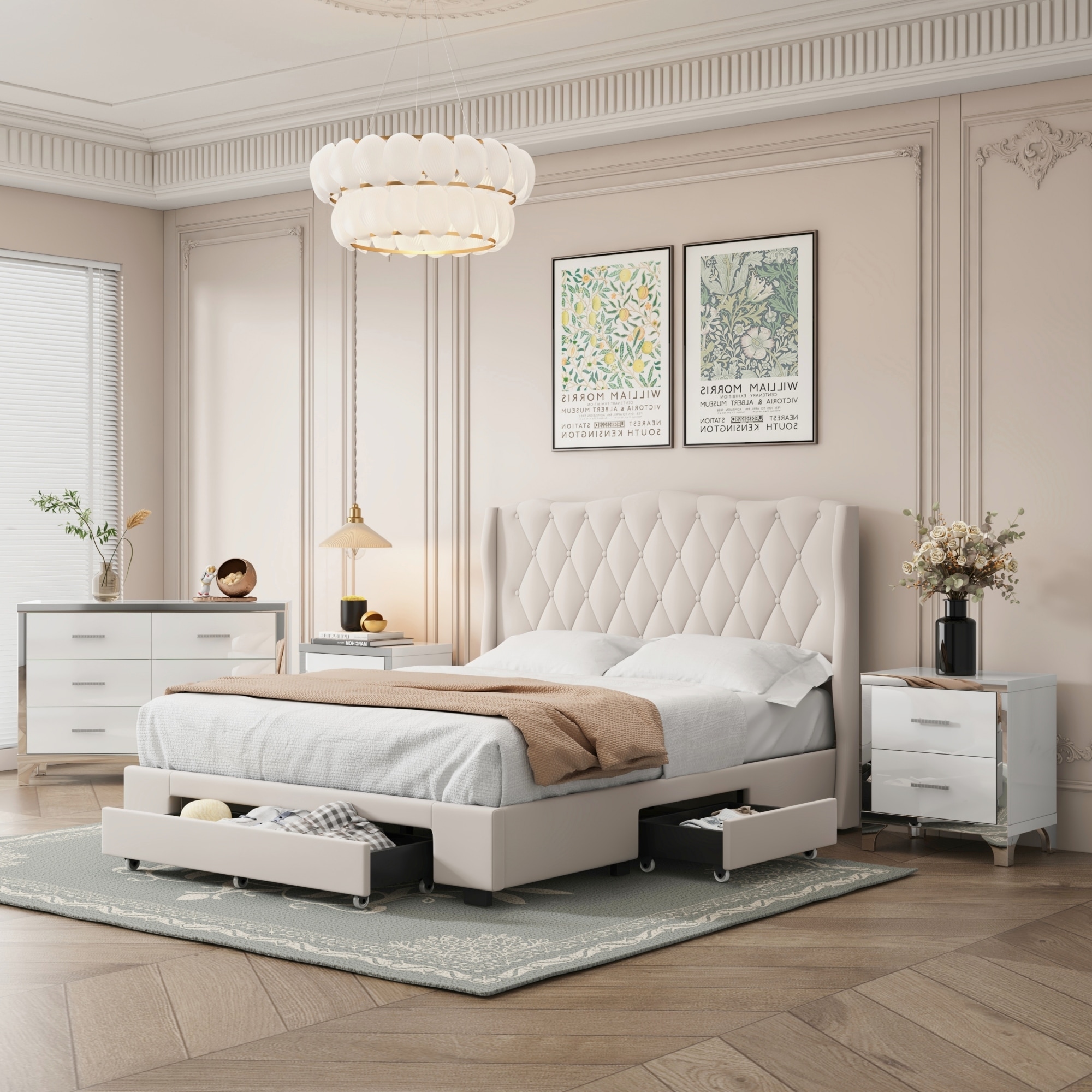 Evangeline 5 Pc White Colors,White Full Bedroom Set With Nightstand, 3 Pc  Full Upholstered Bed, Chest