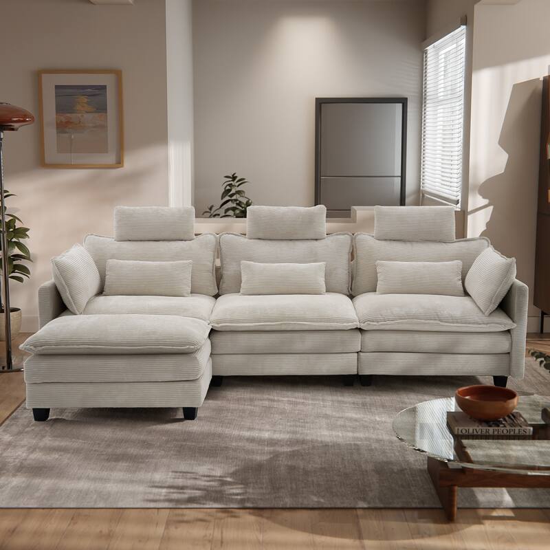 Modern Cream Corduroy 4-Seater Sectional Sofa with Adjustable Headrests, Pocket Spring Seats & Chaise Lounge