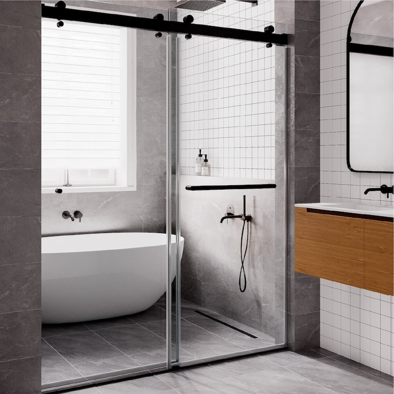 SP Series 62" - 66" W x 77" H Contemporary Frameless Double Sliding Shower Door with 3/8" Clear Tempered Glass - Matte Black