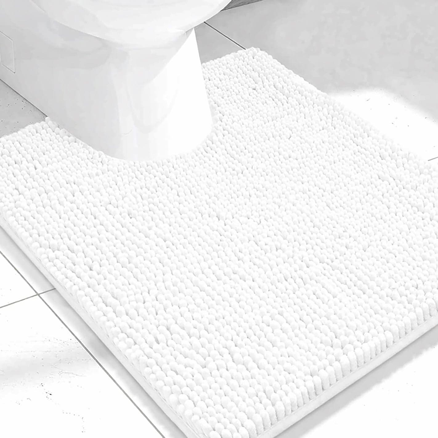 White Soft Cozy Plush Chenille Contour Bath Mat Bathroom Rug