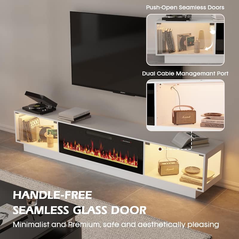 BOSSIN 80" Fireplace TV Stand with Adjustable LED Lights, Modern Entertainment Center with Glass Door Storage Cabinet, Black