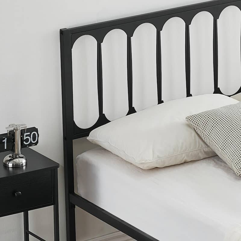 Metal Bed Frame with Headboard, Heavy Duty Steel Slat Support