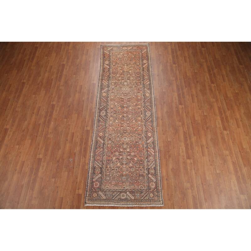 Hand Knotted Oriental 100% Wool Carpet Traditional All-Over Brown Malayer Runner Rug - 10' 8'' X 3' 5''