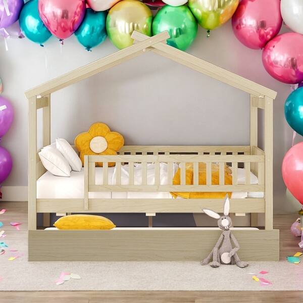 slide 2 of 12, Full Size Wooden House Bed Platform Bed With Twin Size Trundle,Solid Construction For Bedroom Natural