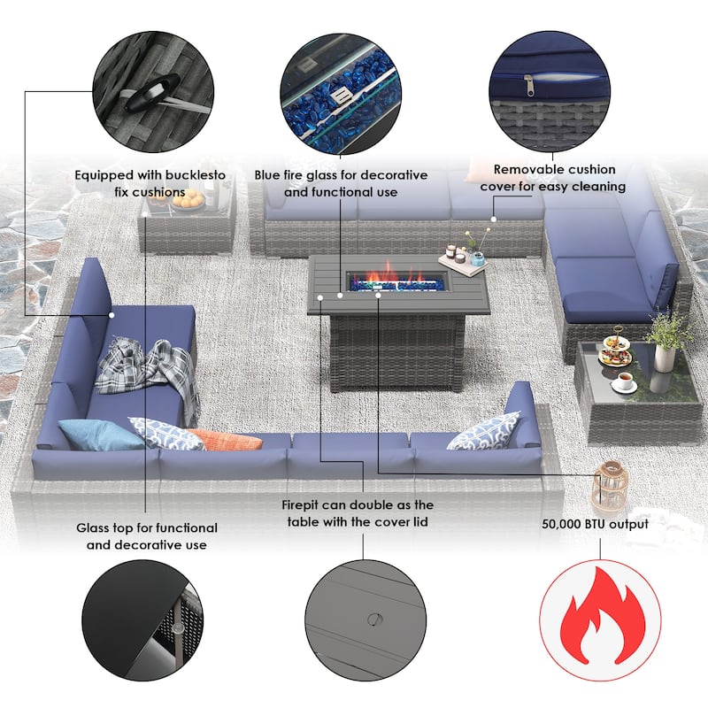 15 Piece Wicker Set Patio Sofa Furniture with Fire Pit And Table