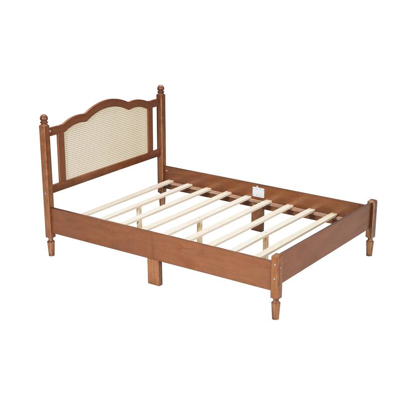 Queen/Full Size Wood Platform Bed with Natural Rattan Headboard, Vintage Bed Frame