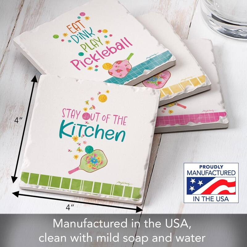 Pickleball 4-Pack Tumbled Tile Stone Coasters with Protective Cork Backing 4" Square Made in The USA Artistic Absorbent