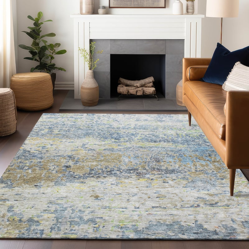 Machine Washable Indoor/ Outdoor Abstract Contemporary Chantille Rug - Blue - 9' x 12'