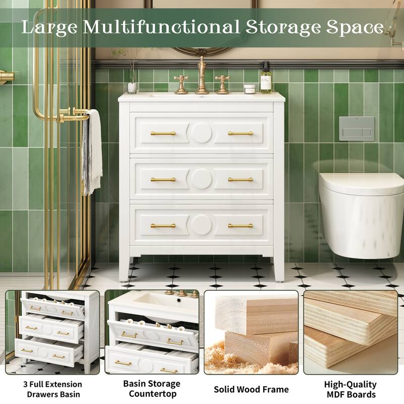 GDFStudio - Wimborne Retro Freestanding Bathroom Vanity with Ceramic Sink and 3 Storage Drawers - 30'W