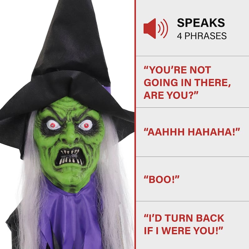 Haunted Hill Farm Cleo the Talking Witch Tree Hugger with Light-Up Eyes for Scary Outdoor Halloween Decoration