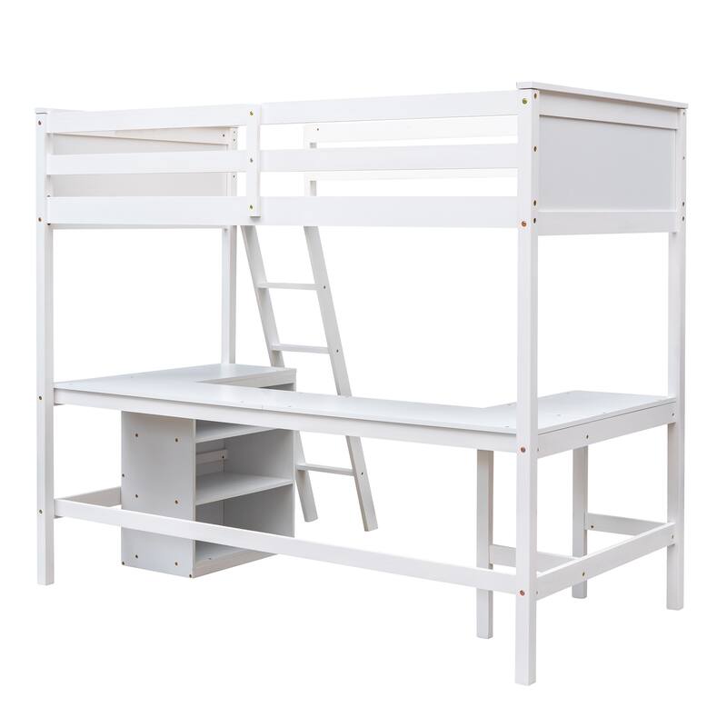 Space-Saving Twin Loft Bed with Shelves and Desk in White
