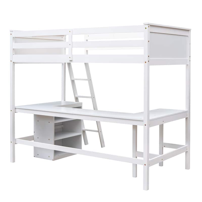 Wooden Twin Loft Bed with Desk, Shelves and Guardrails, Space Saving Design for Kids and Teens