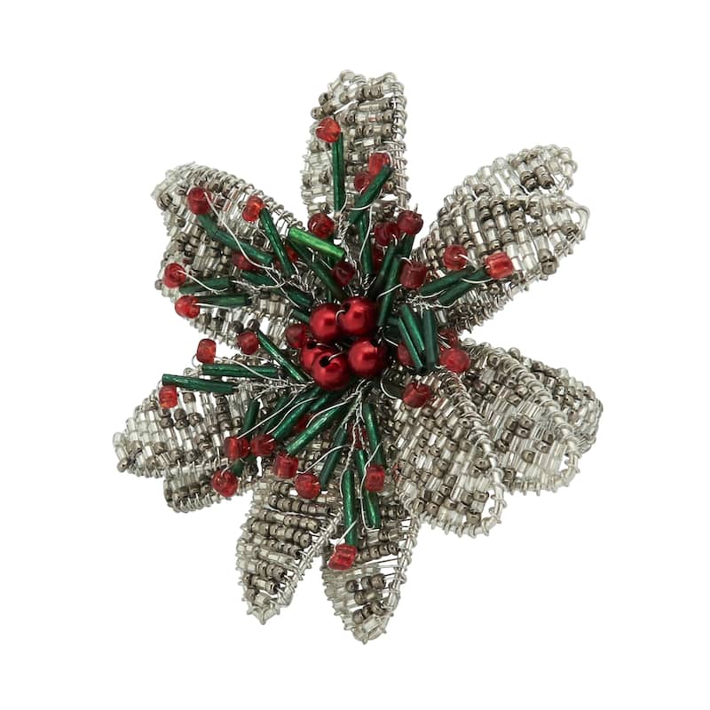 Botanical Charm Beaded Flower Napkin Ring (Set of 4) - Set of 4 - Silver