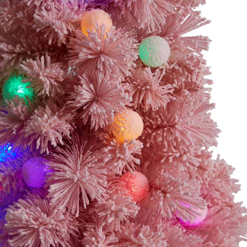 4’ Pre-Lit Pink Flocked Artificial Christmas Tree, Multicolor LED Lights - 4 Foot