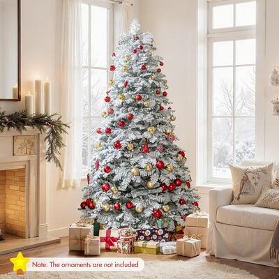 6/7 FT Pre-lit Artificial Christmas Tree Snow Flocked Hinged Xmas Tree