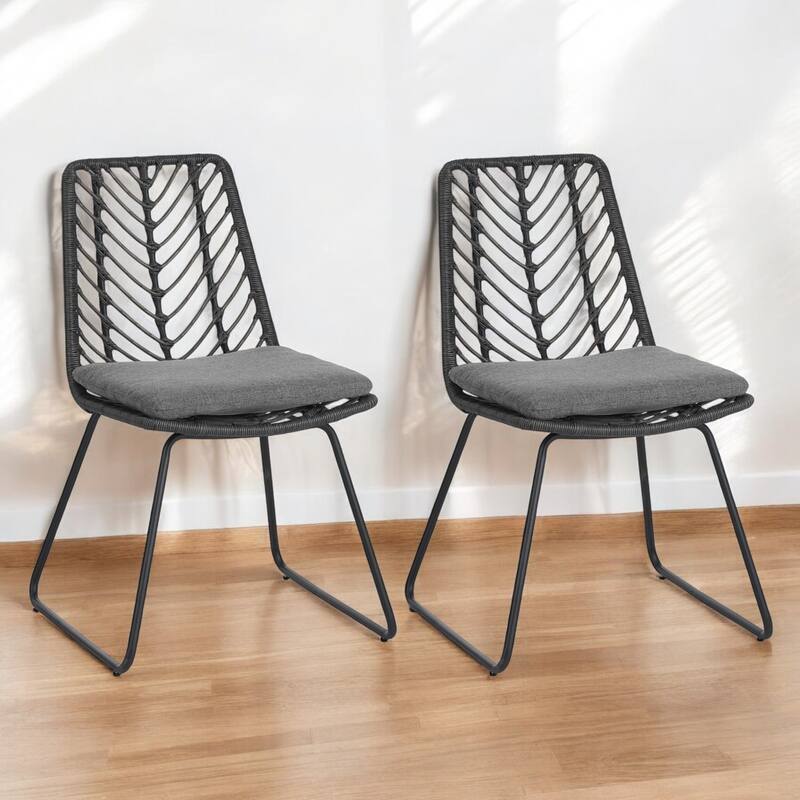 2-Piece Outdoor Dining Chair Set with Water-Resistant Cushions, Gray Rattan & Iron Frame