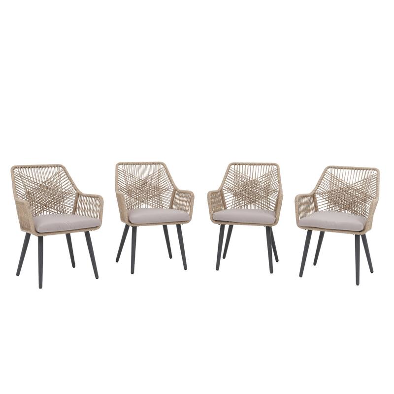 Outdoor Patio Woven Rope Dining Chairs With Armrest and Seat Cushions