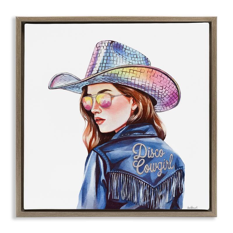 Stupell Disco Cowgirl in Blue Framed Floater Canvas Wall Art Design By Amanda Greenwood - 18 x 18 - Brown