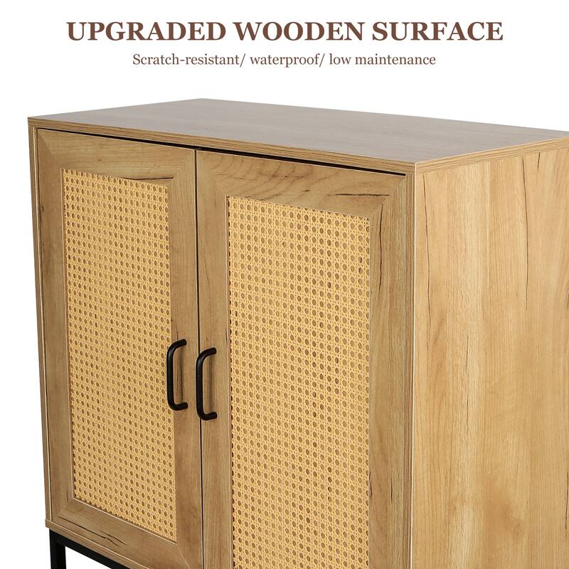 2 Rattan Doors Free Standing Storage Cabinet/Sideboard with 1 Open Bottom Shelf