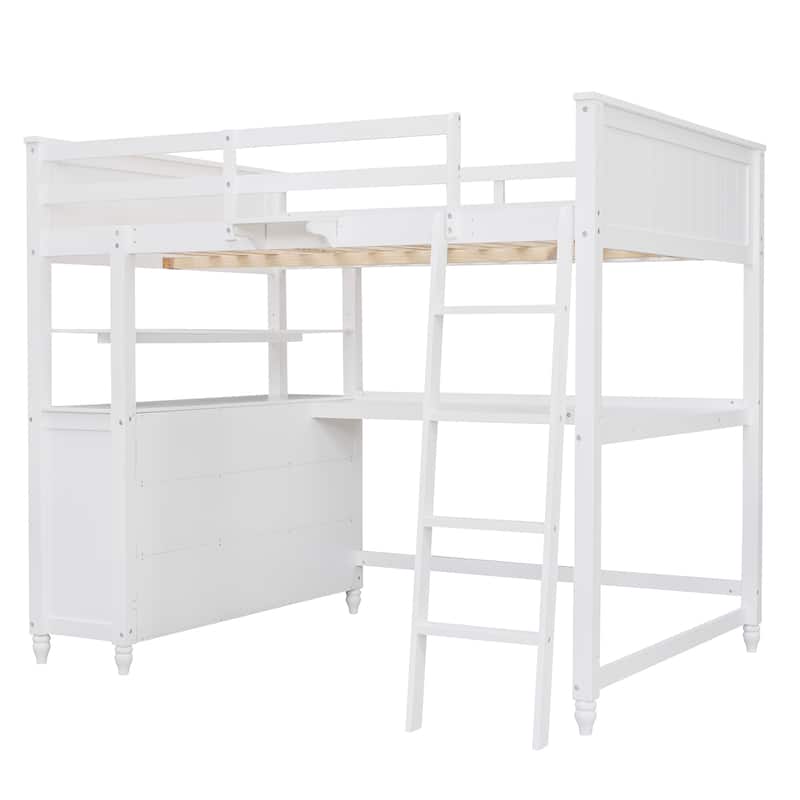 Full size Loft Bed with Drawers and Desk, Wooden Loft Bed with Shelves